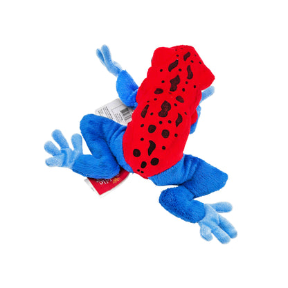 Top view of plush red frog with scattered black spots, blue legs, and product tags