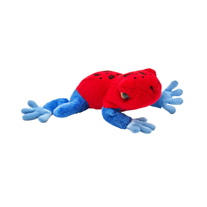 Plush red frog toy with small black spots and contrasting blue legs