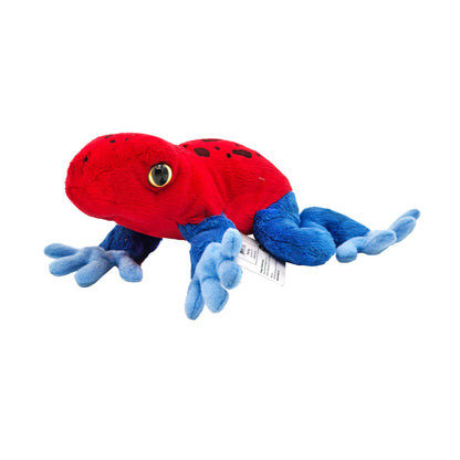 Front-facing plush red frog with black spots, blue limbs, and light-colored eyes