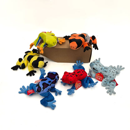 Set of five Cuddle Zoo plush tree frogs in assorted colors, displayed with a brown box on white background