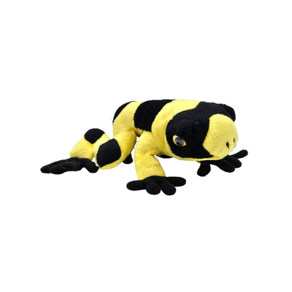 Front-facing plush frog toy with alternating yellow and black stripes and solid black feet