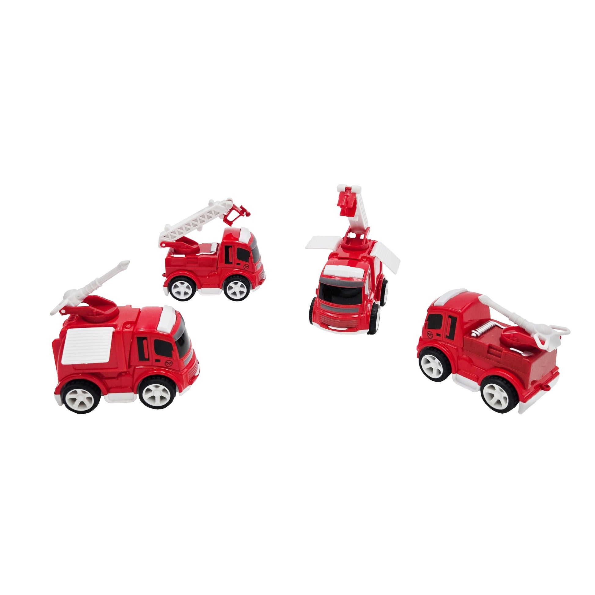 WowToyz friction powered fire engines — set of four red toy fire trucks with ladders and pumps on white background.
