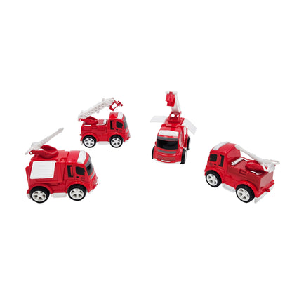 WowToyz friction powered fire engines — set of four red toy fire trucks with ladders and pumps on white background.