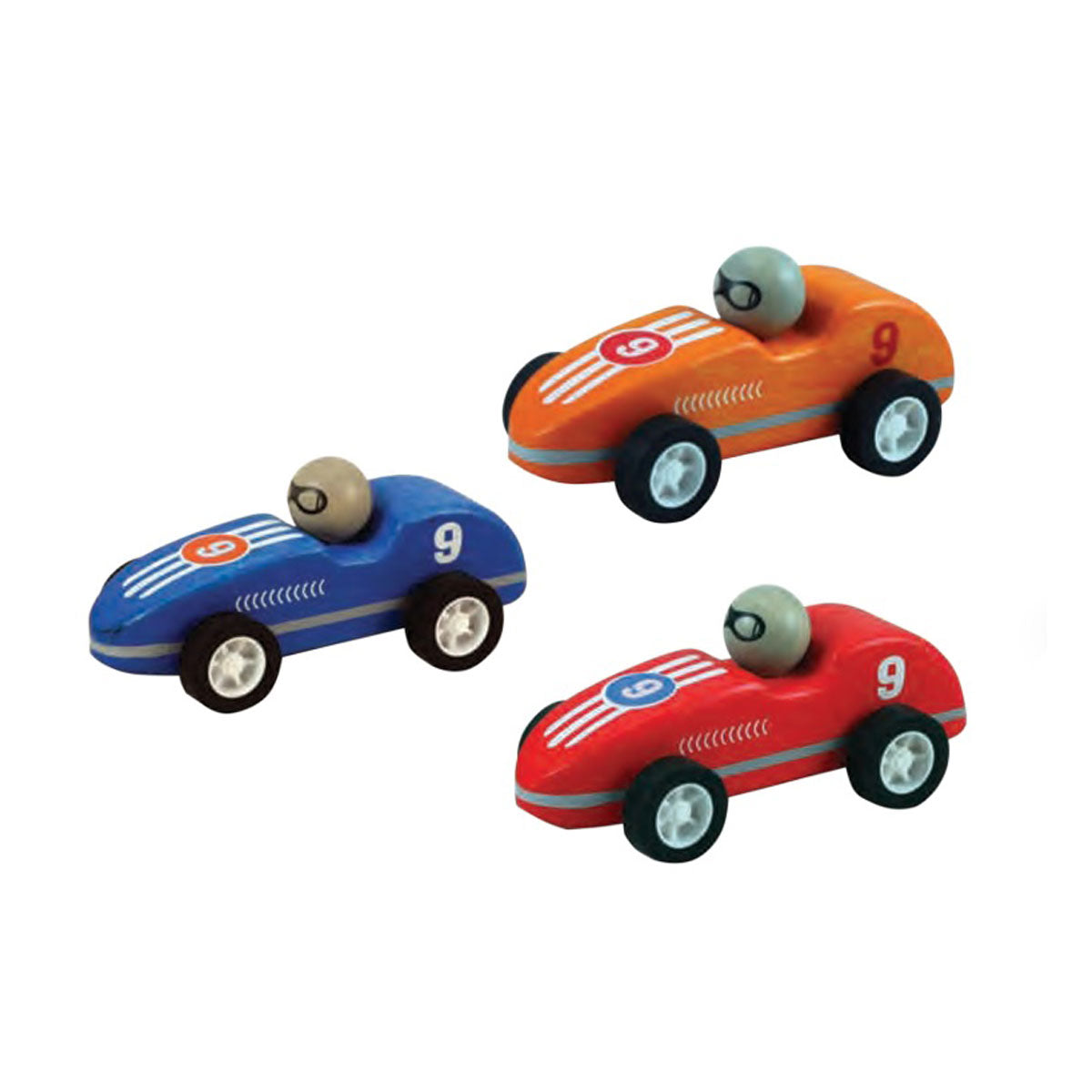 WowToyz Wooden Pullback Racers – Assorted Set of 3 Cars Angled Left (Red, Blue, Orange)