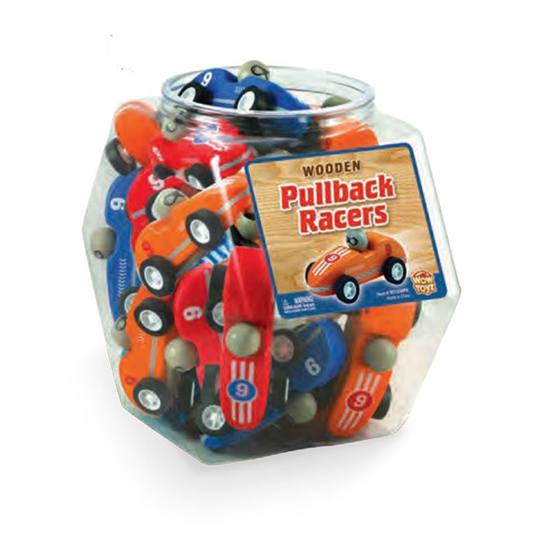 WowToyz Wooden Pullback Racers – Retail Display Container with Assorted Cars