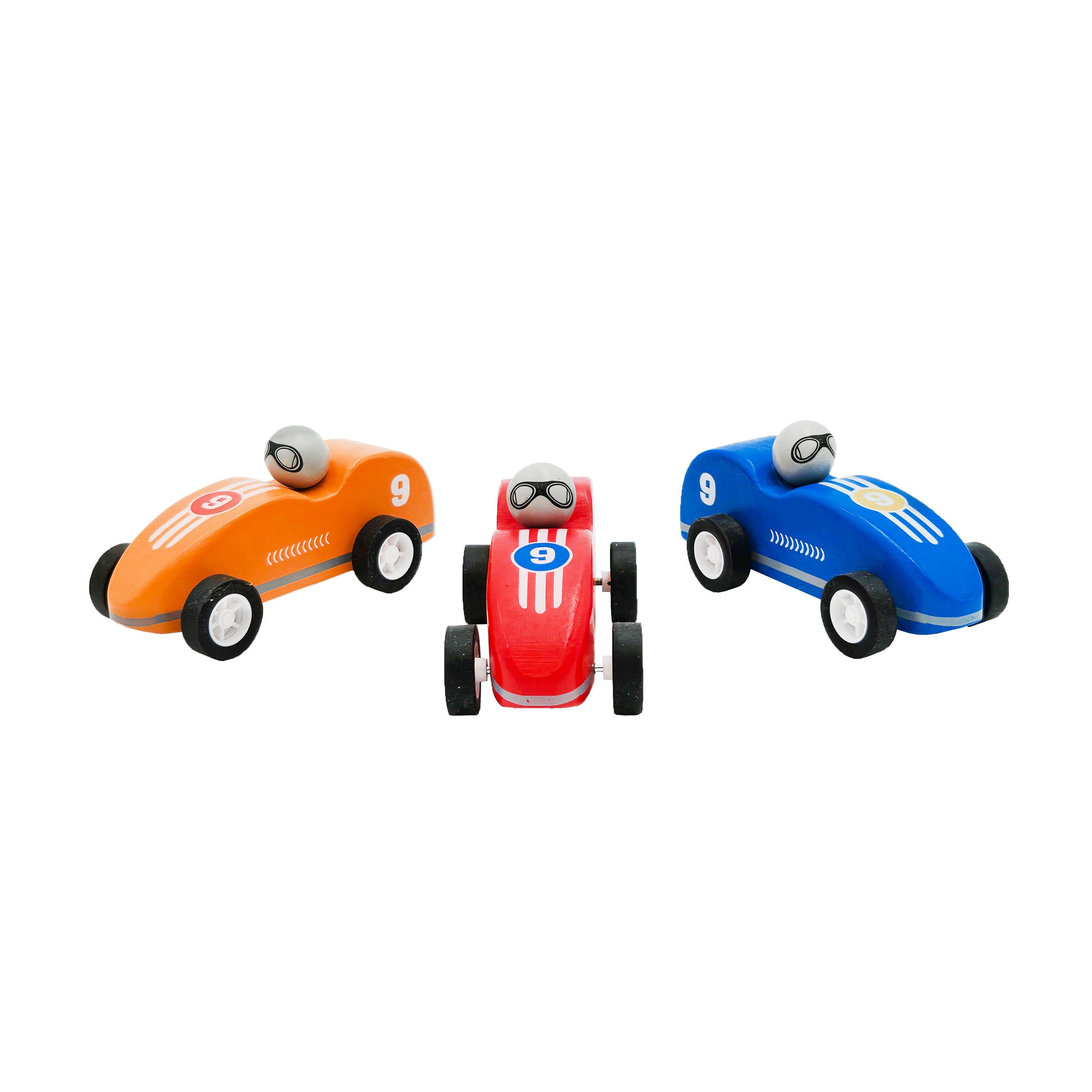 WowToyz Wooden Pullback Racers – Front View of Red, Blue, and Orange Cars