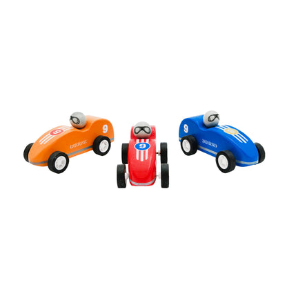 WowToyz Wooden Pullback Racers – Front View of Red, Blue, and Orange Cars