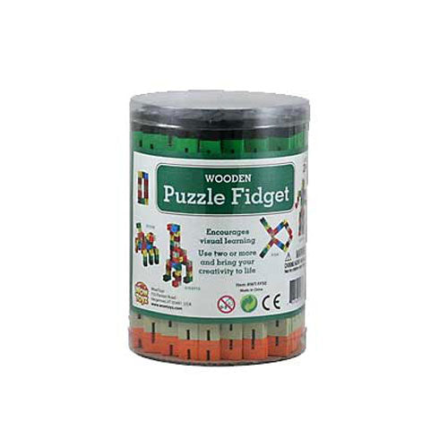 WowToyz® - Wooden Puzzle Fidget Canister 50-pc, boxed – Manufacturer Image Showing Blocks in Container