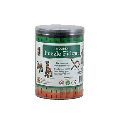 WowToyz® - Wooden Puzzle Fidget Canister 50-pc, boxed – Manufacturer Image Showing Blocks in Container