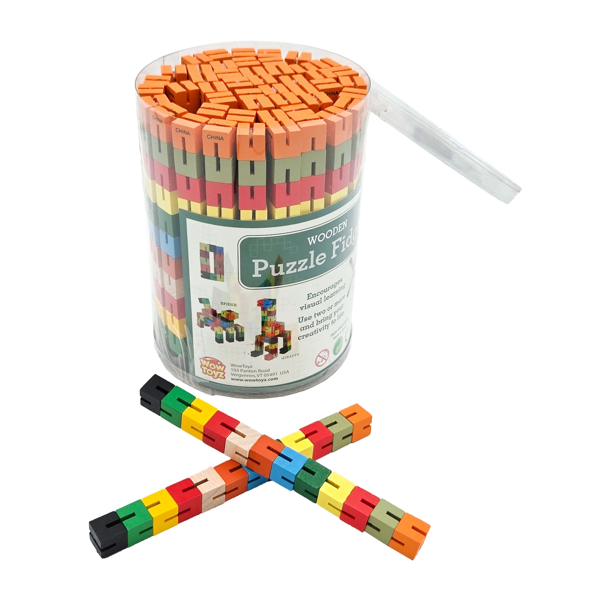 WowToyz Wooden Puzzle Fidget Canister – Box with Two Puzzle Pieces Crossed