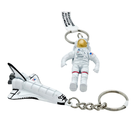 WowToyz Space Keychain Assortment – Astronaut Keychain Front View and Space Shuttle Keychain Right Side