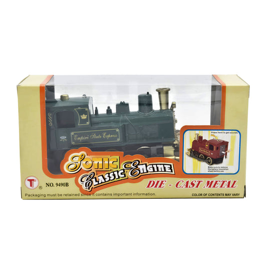 WowToyz® Lights & Sounds Classic Engine Pullback front view in box - vintage-style train toy with lights and sound effects