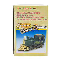 WowToyz® Lights & Sounds Classic Engine Pullback side view in box - collectible train toy with pullback action