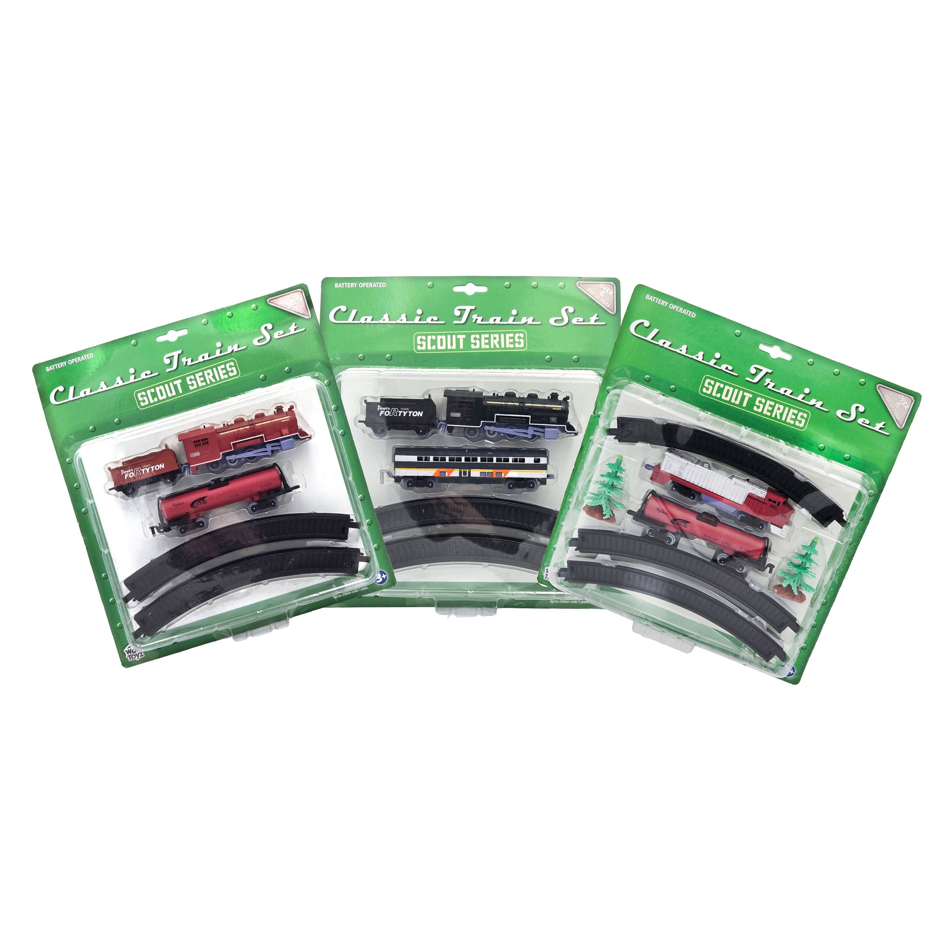 WowToyz® Scout Series Classic Train Set 10-pc all versions in packaging - black, red, and tree versions of vintage toy train set