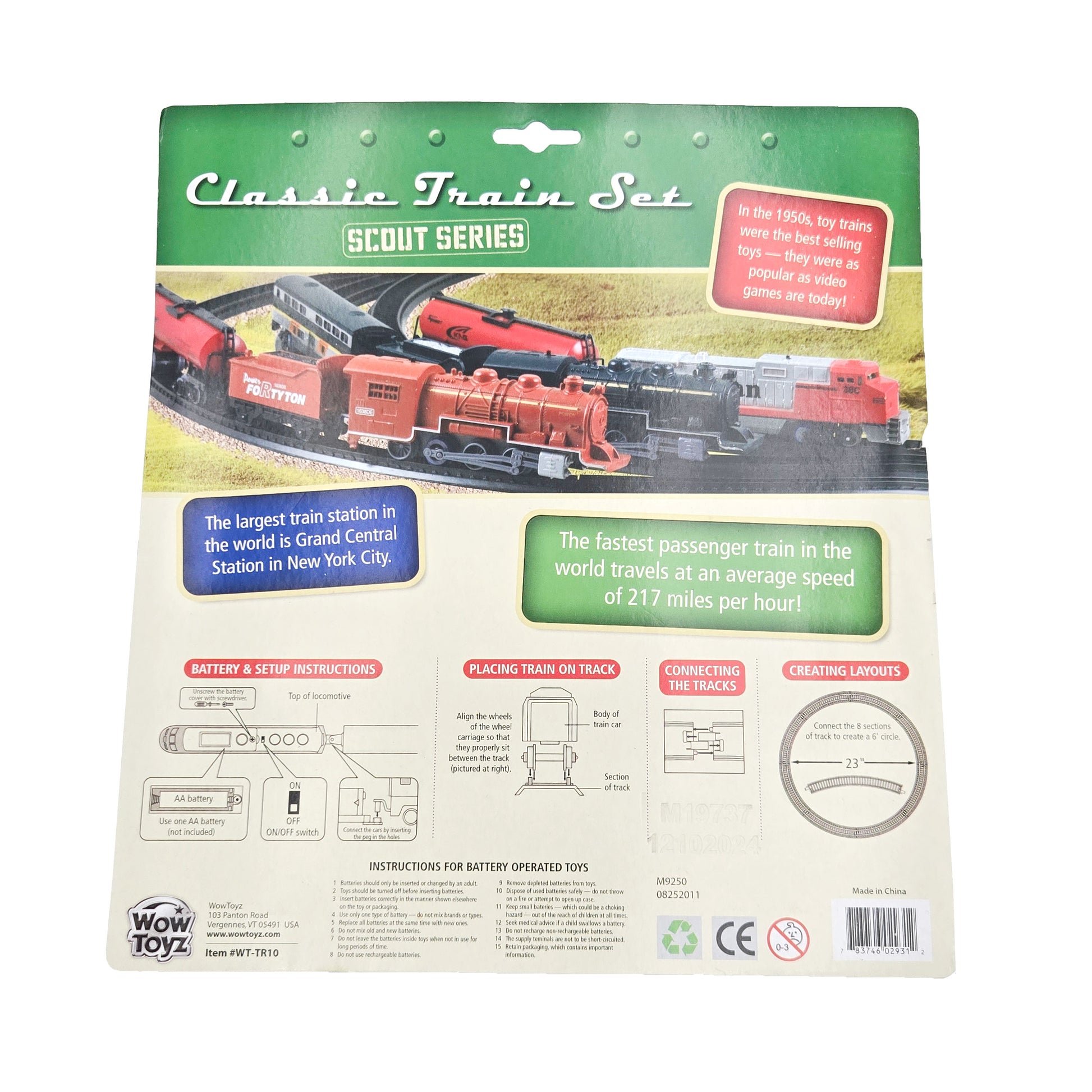 WowToyz® Scout Series Classic Train Set 10-pc back of packaging - product details and features of collectible toy train set