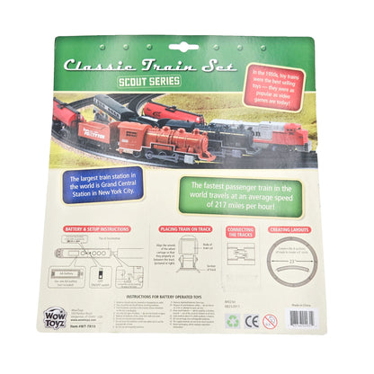 WowToyz® Scout Series Classic Train Set 10-pc back of packaging - product details and features of collectible toy train set