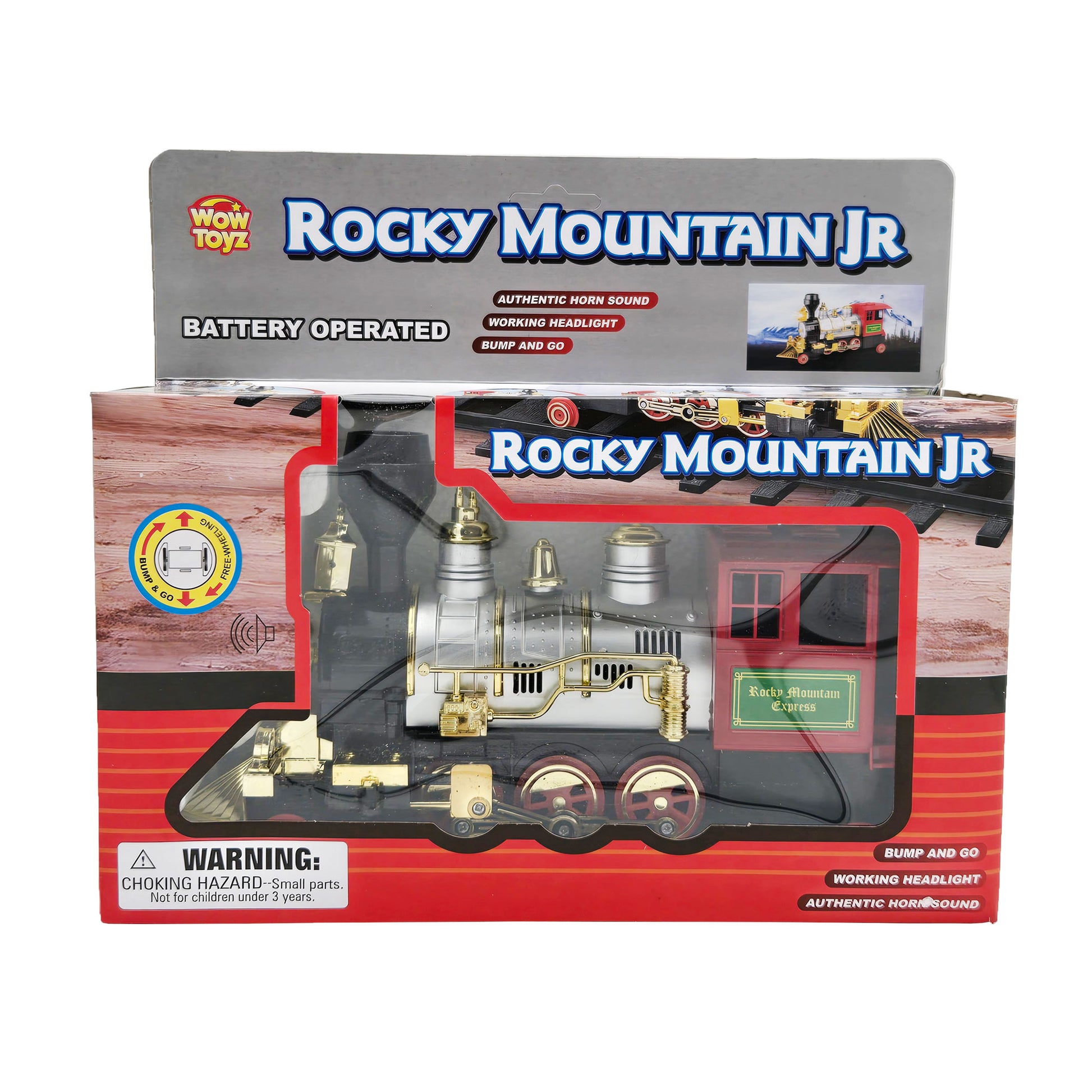 WowToyz Rocky Mountain Jr. Bump & Go Locomotive Front View in Box