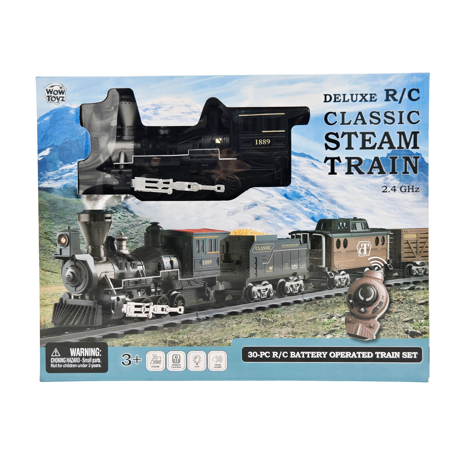 WowToyz Deluxe R/C Classic Steam Train Set – Front Packaging with Train Display