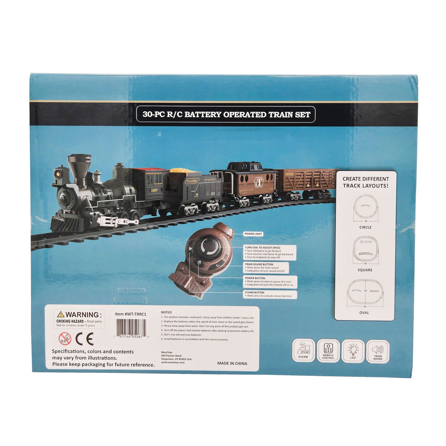 WowToyz Deluxe R/C Classic Steam Train Set – Back Packaging with Contents and Features