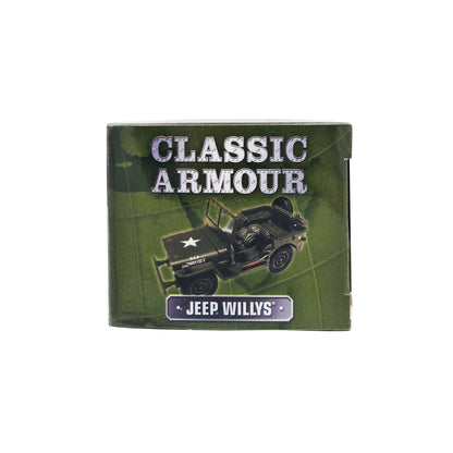WowToyz® Classic Armour Willys Jeep 1:32 scale model side of box - detailed packaging with historical design