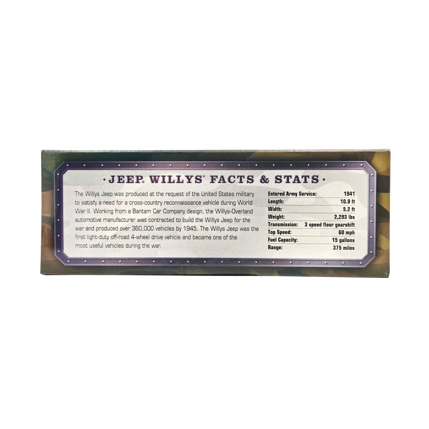 WowToyz® Classic Armour Willys Jeep 1:32 scale model back of box - product details and historical background