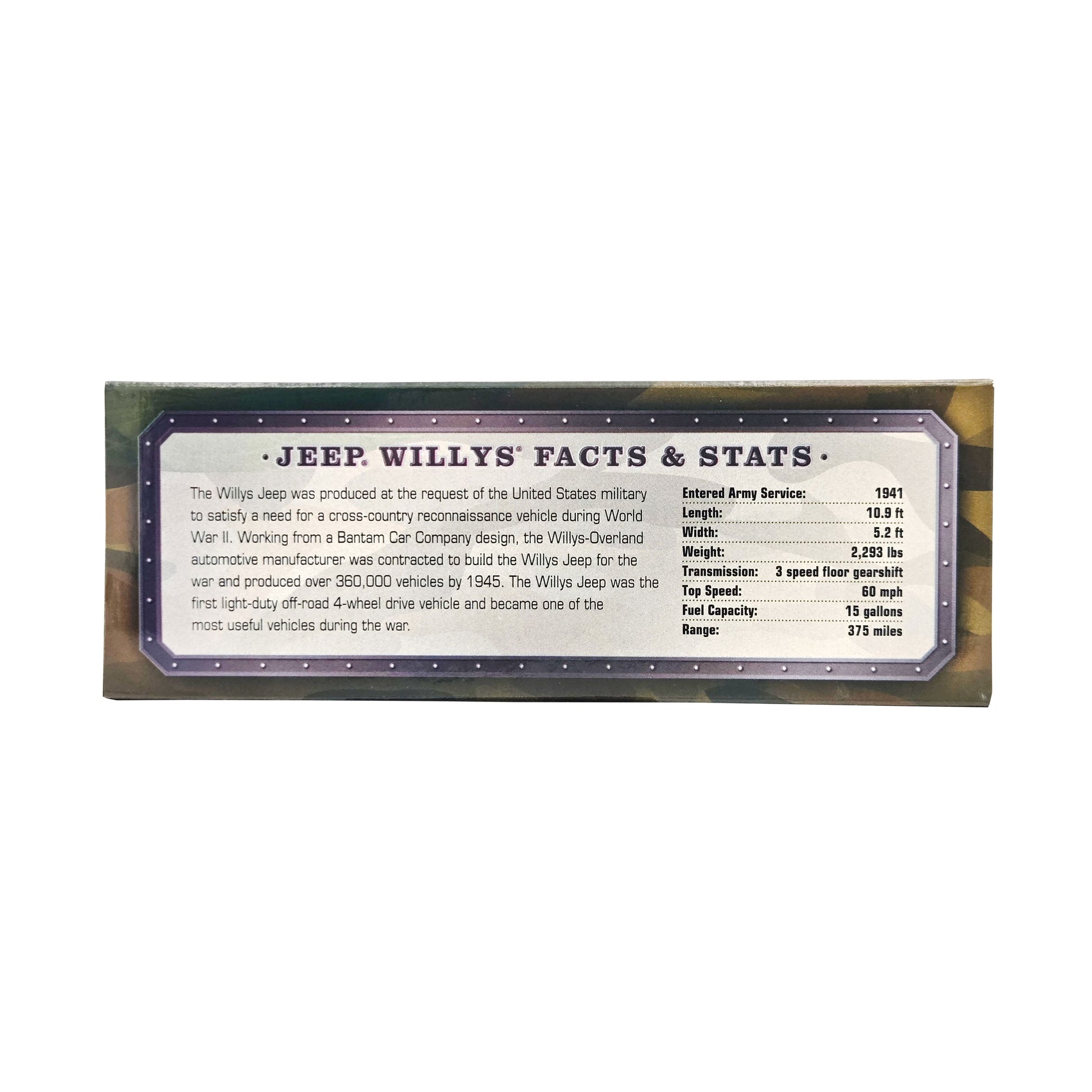 WowToyz® Classic Armour Willys Jeep 1:32 scale model back of box - product details and historical background