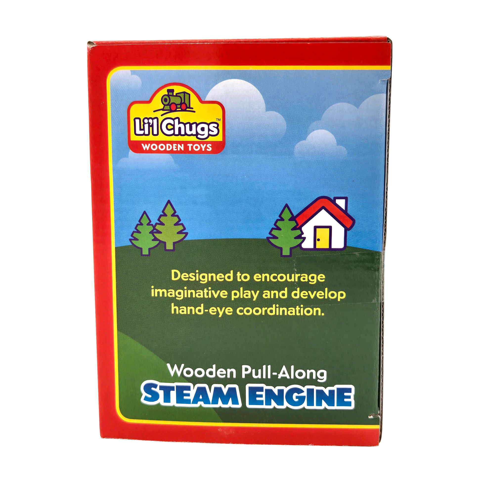 WowToyz® Li'l Chugs™ Pull-Along Steam Engine side panel view - detailed packaging with toy train features