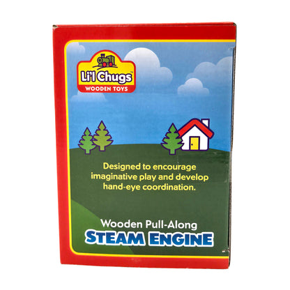 WowToyz® Li'l Chugs™ Pull-Along Steam Engine side panel view - detailed packaging with toy train features