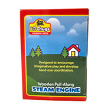 WowToyz® Li'l Chugs™ Pull-Along Steam Engine side panel view - detailed packaging with toy train features