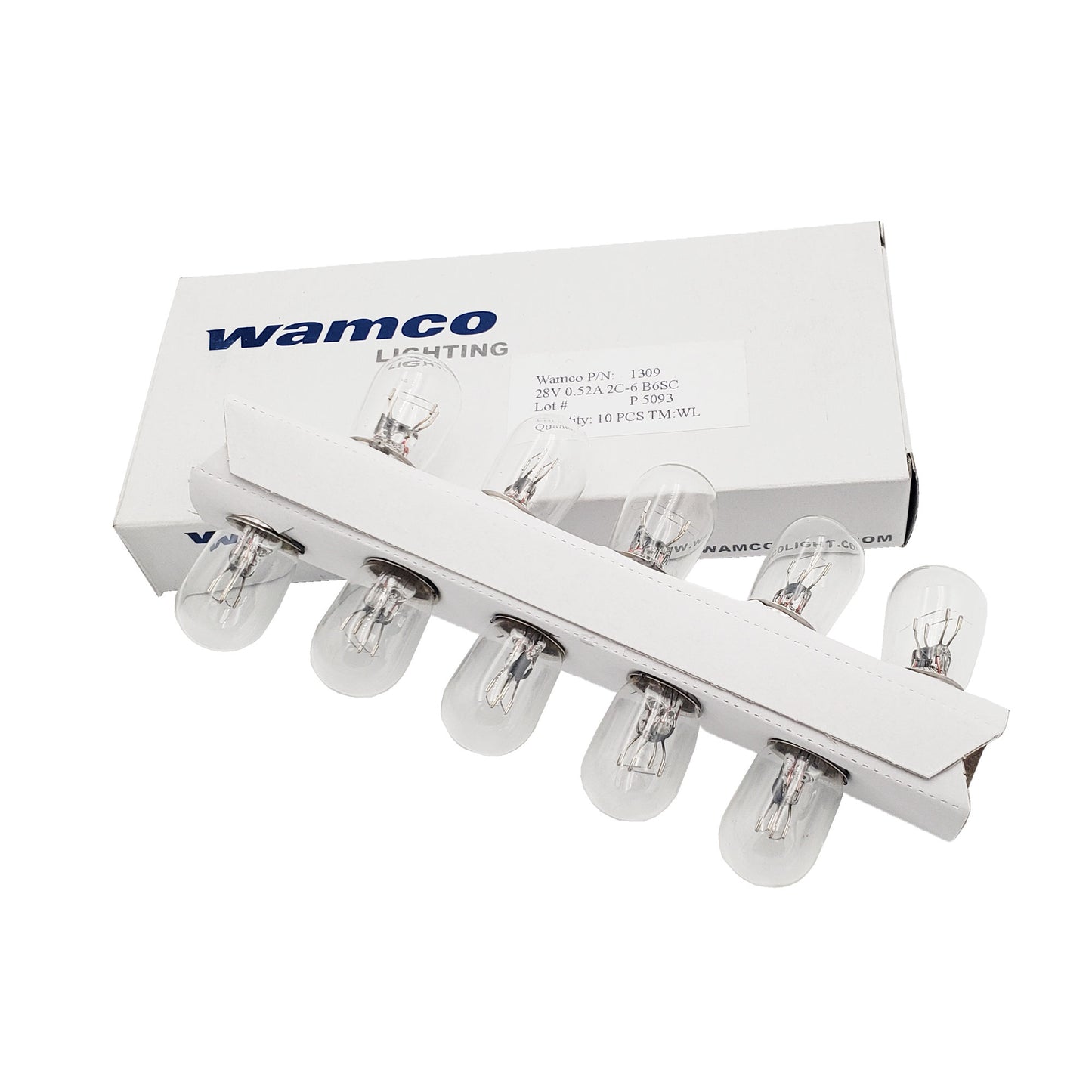 Ten Wamco WL-1309 miniature aircraft lamps in protective cardboard strip, 28V 0.52A