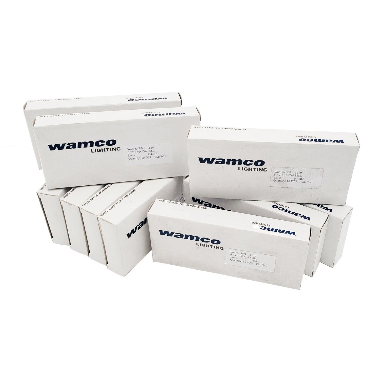 Bulk case of 100 Wamco 1619 aircraft lamps in retail boxes, S-8 bayonet base lamps