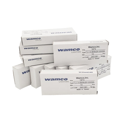 Bulk supply of Wamco WL-1873 T-3 1/4 BA9s 28V 200mA aircraft lamps in stacked boxes