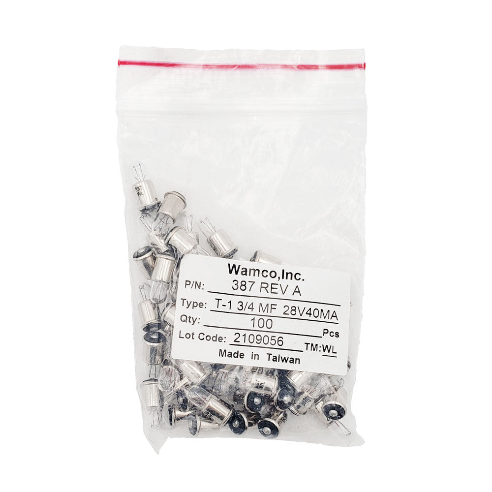 Bulk package of 100 Wamco WL-387 subminiature aircraft lamps, T-1 3/4 midget flange base, 28V 40mA