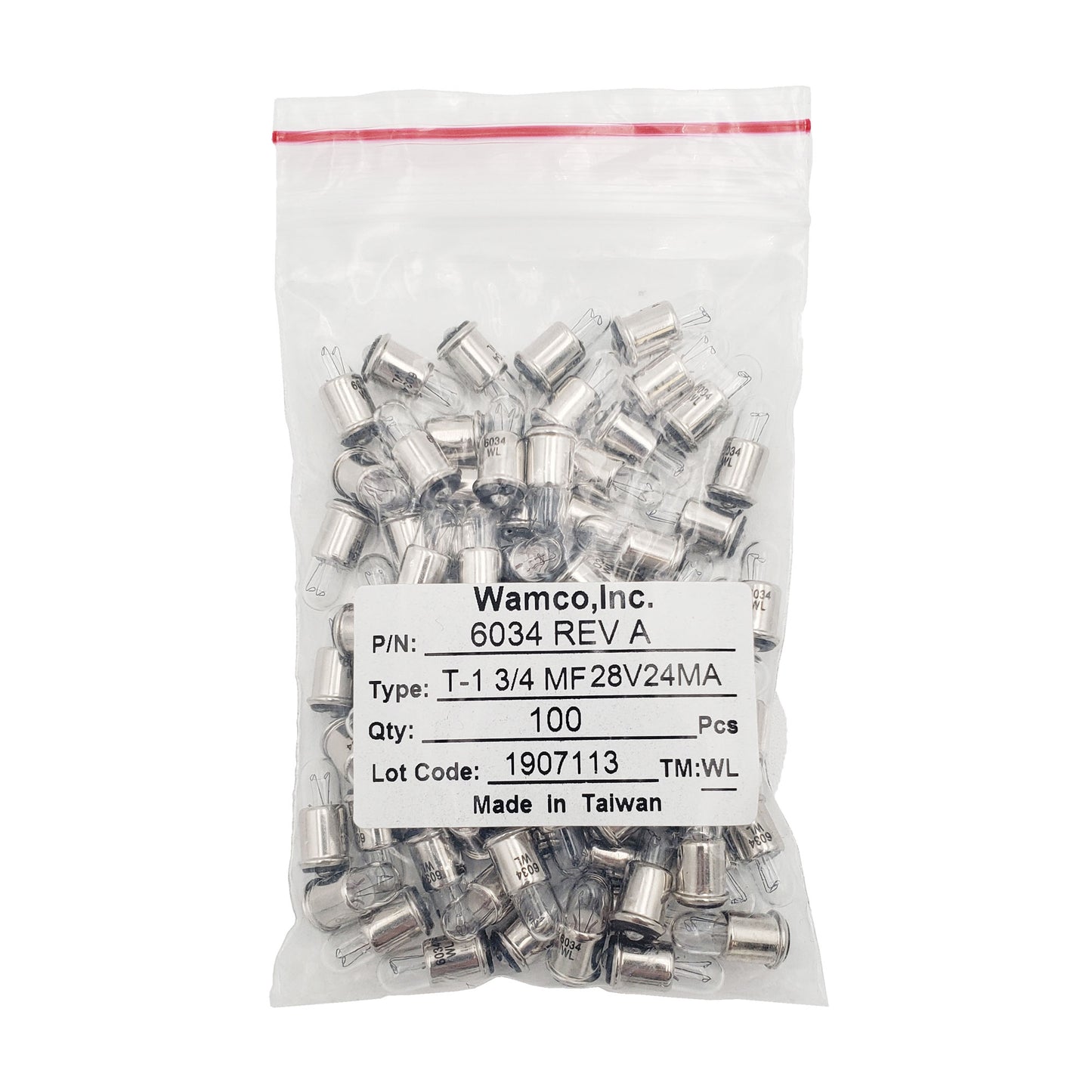 Bulk 100-pack Wamco WL-6034 T-1 3/4 MF aircraft lamps rated 28V 24mA.