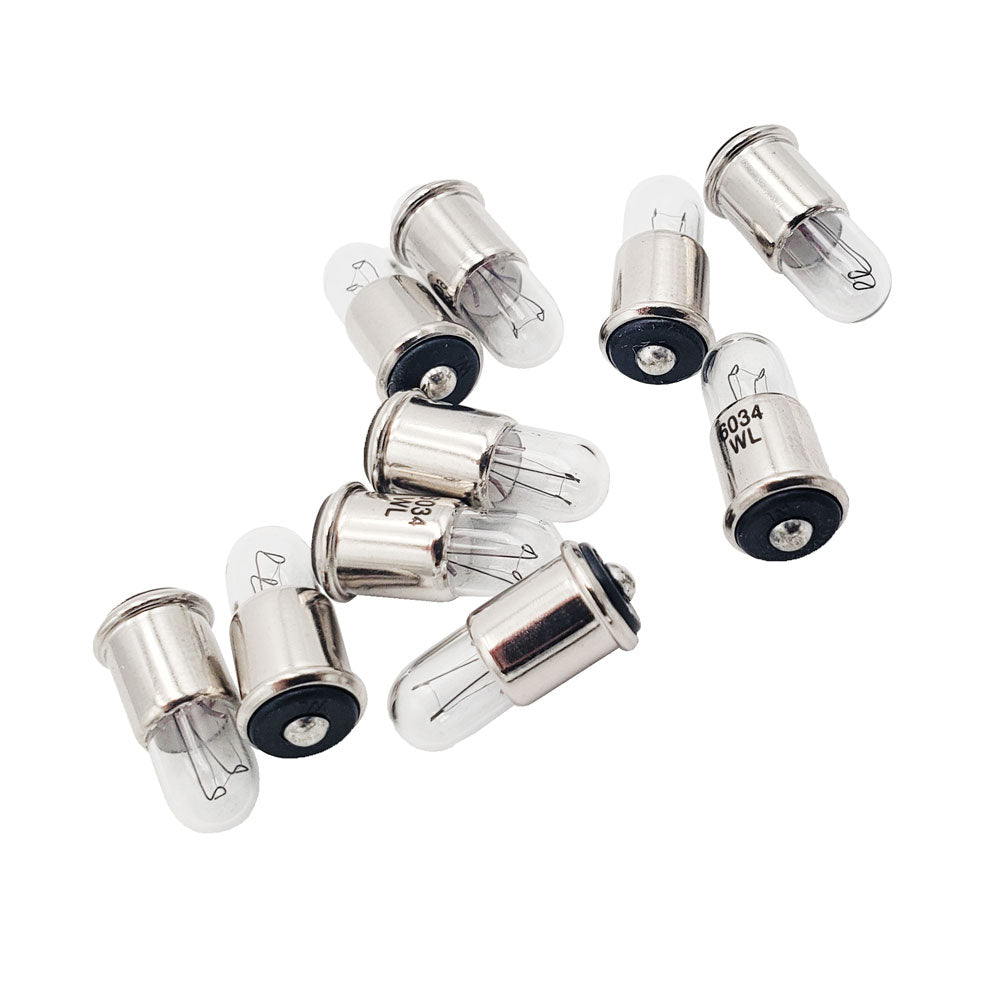 en Wamco WL-6034 T-1 3/4 MF subminiature aircraft bulbs showing filament and flange base
