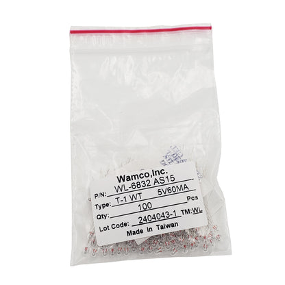 Label view of Wamco WL-6832 AS15 T-1 wire-terminal aircraft lamps, 5V 60mA, 100-pack