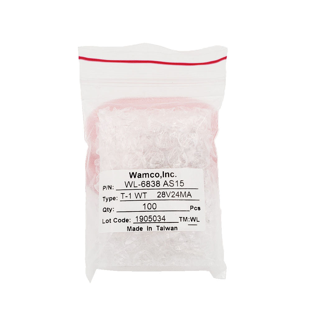 Bulk 100-pack Wamco WL-6838AS15 TPL T-1 wire terminal lamps rated 28V 24mA