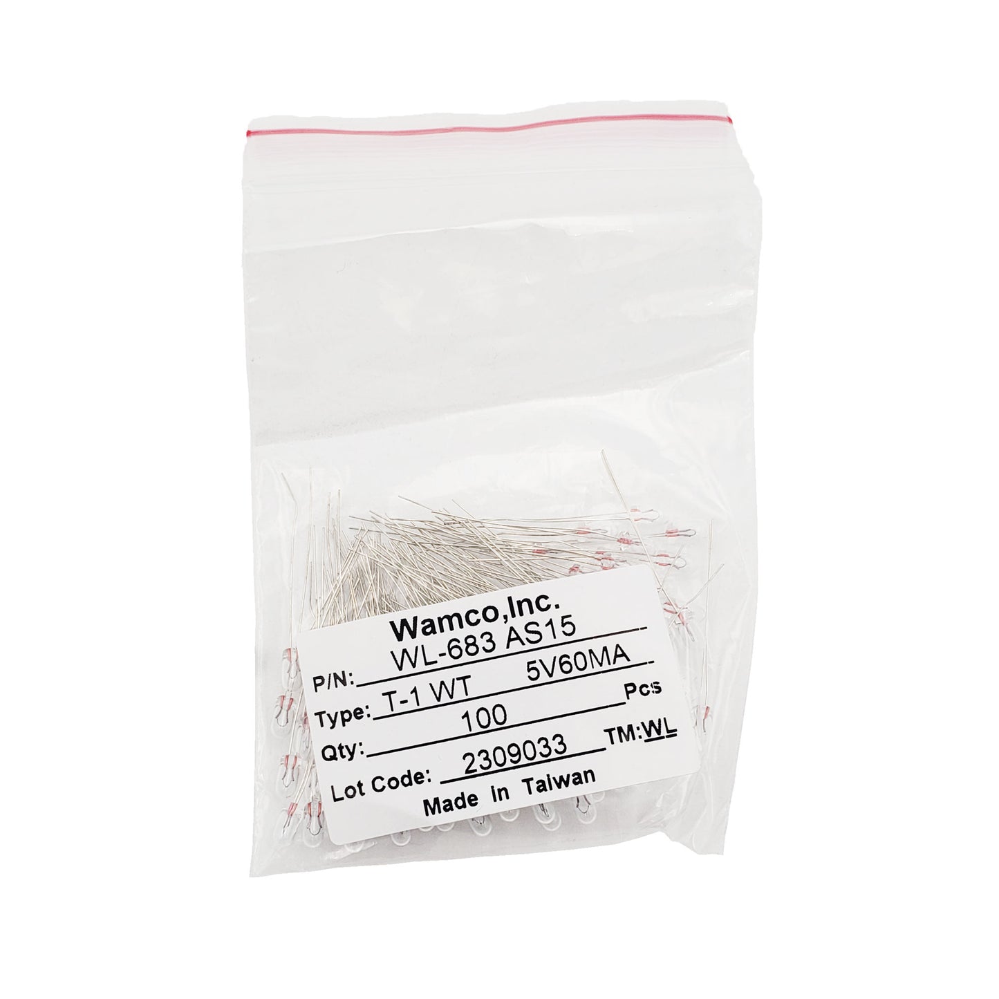 Bulk pack label for Wamco WL-683AS15 subminiature aircraft lamps, T-1 wire-lead type, 5V 60mA