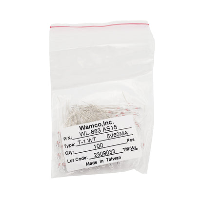 Bulk pack label for Wamco WL-683AS15 subminiature aircraft lamps, T-1 wire-lead type, 5V 60mA