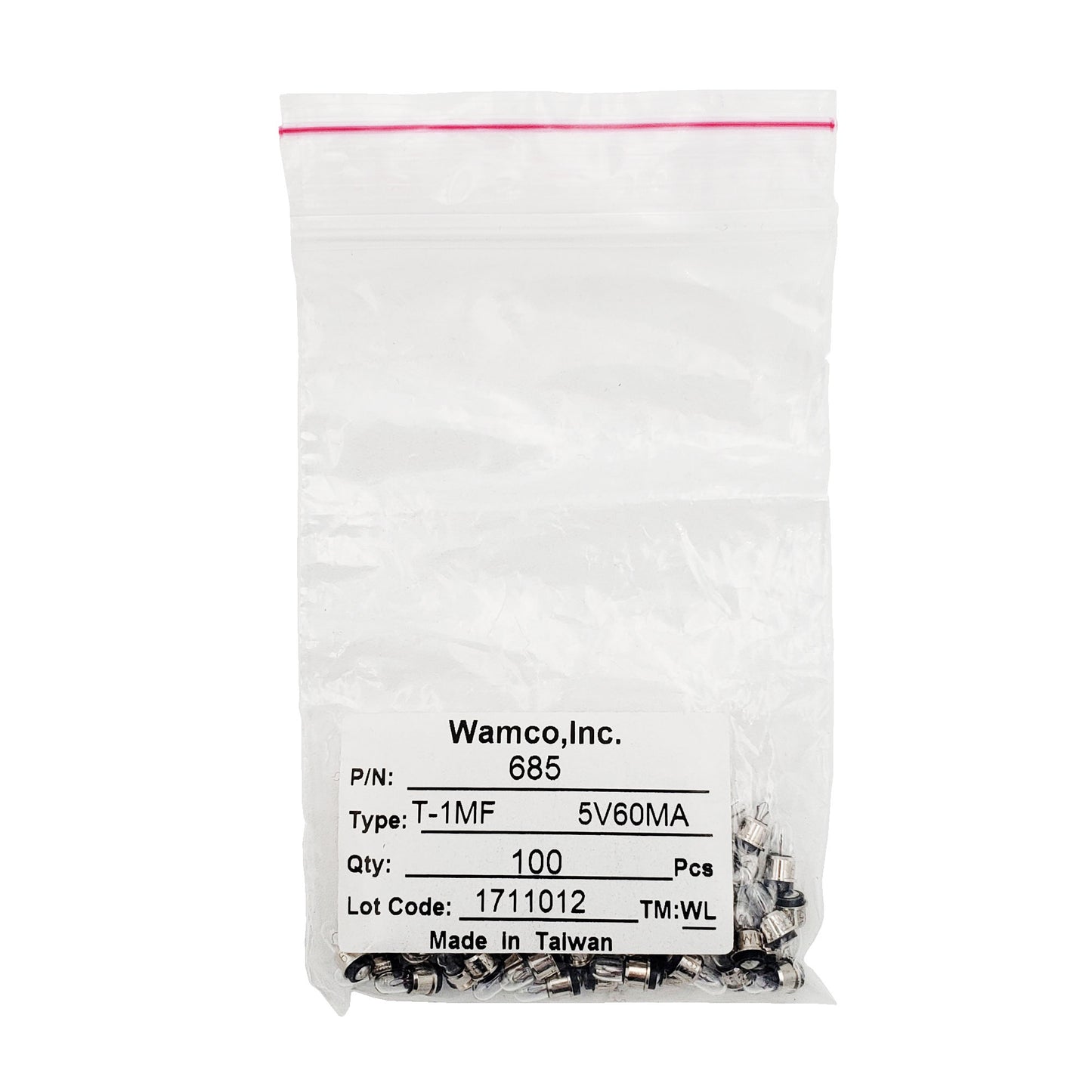 Bulk 100-pack Wamco 685 T-1 MF aircraft lamps rated 5V 60mA in resealable bag