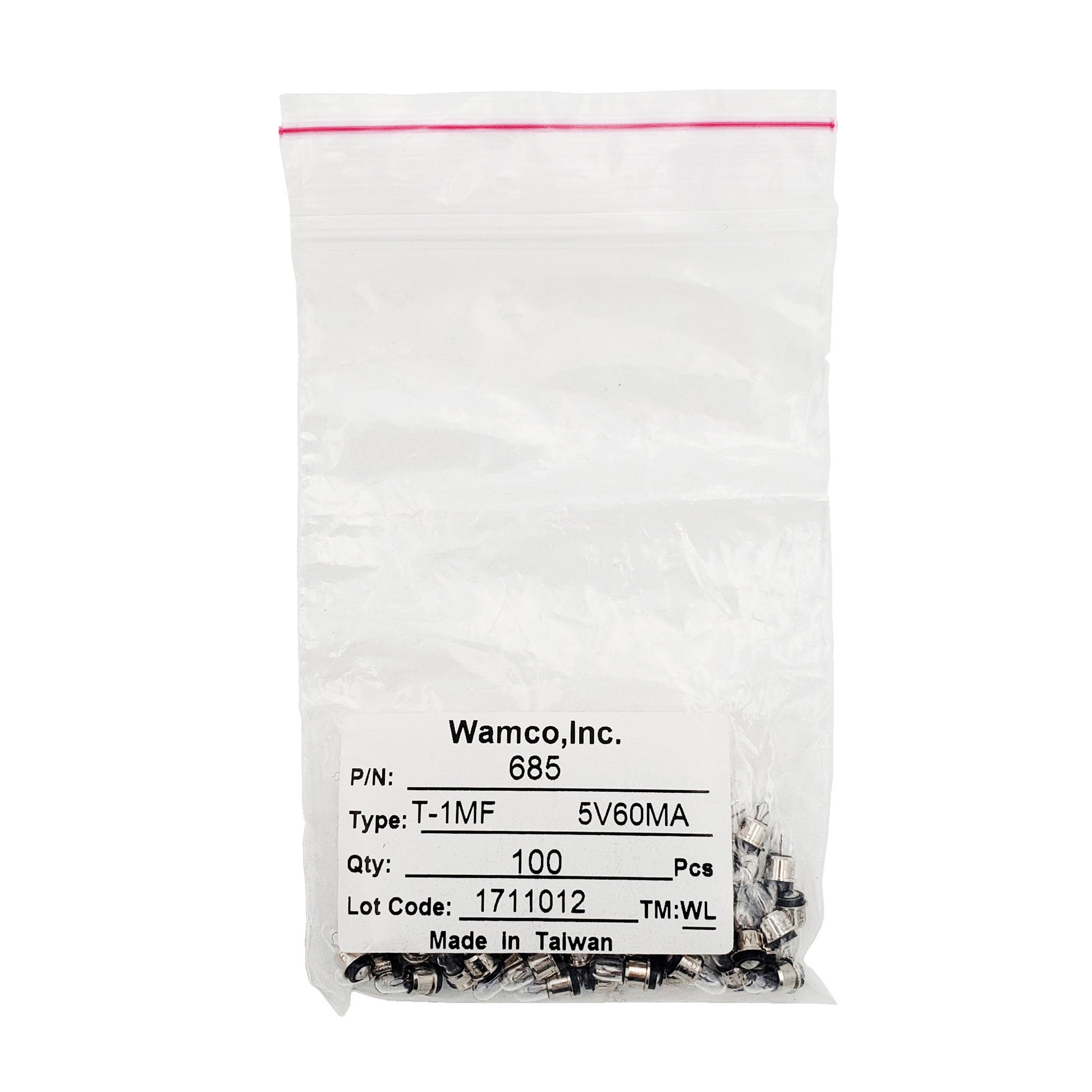 Bulk 100-pack Wamco 685 T-1 MF aircraft lamps rated 5V 60mA in resealable bag