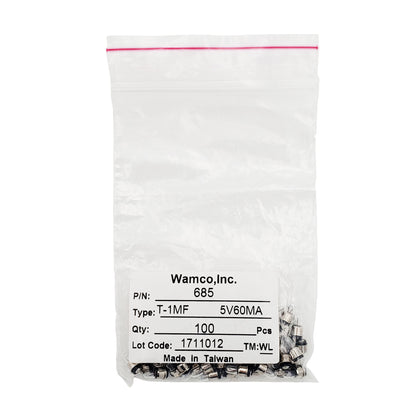 Bulk 100-pack Wamco 685 T-1 MF aircraft lamps rated 5V 60mA in resealable bag