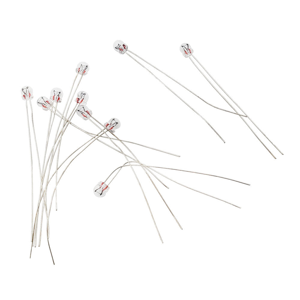 Ten Wamco 7009 subminiature aircraft lamps showing long flexible wire leads and clear glass bulbs.
