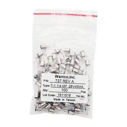 Bulk package of 100 Wamco WL-737 subminiature aircraft lamps, T-1 1/4 midget flange base, 28V 45mA.