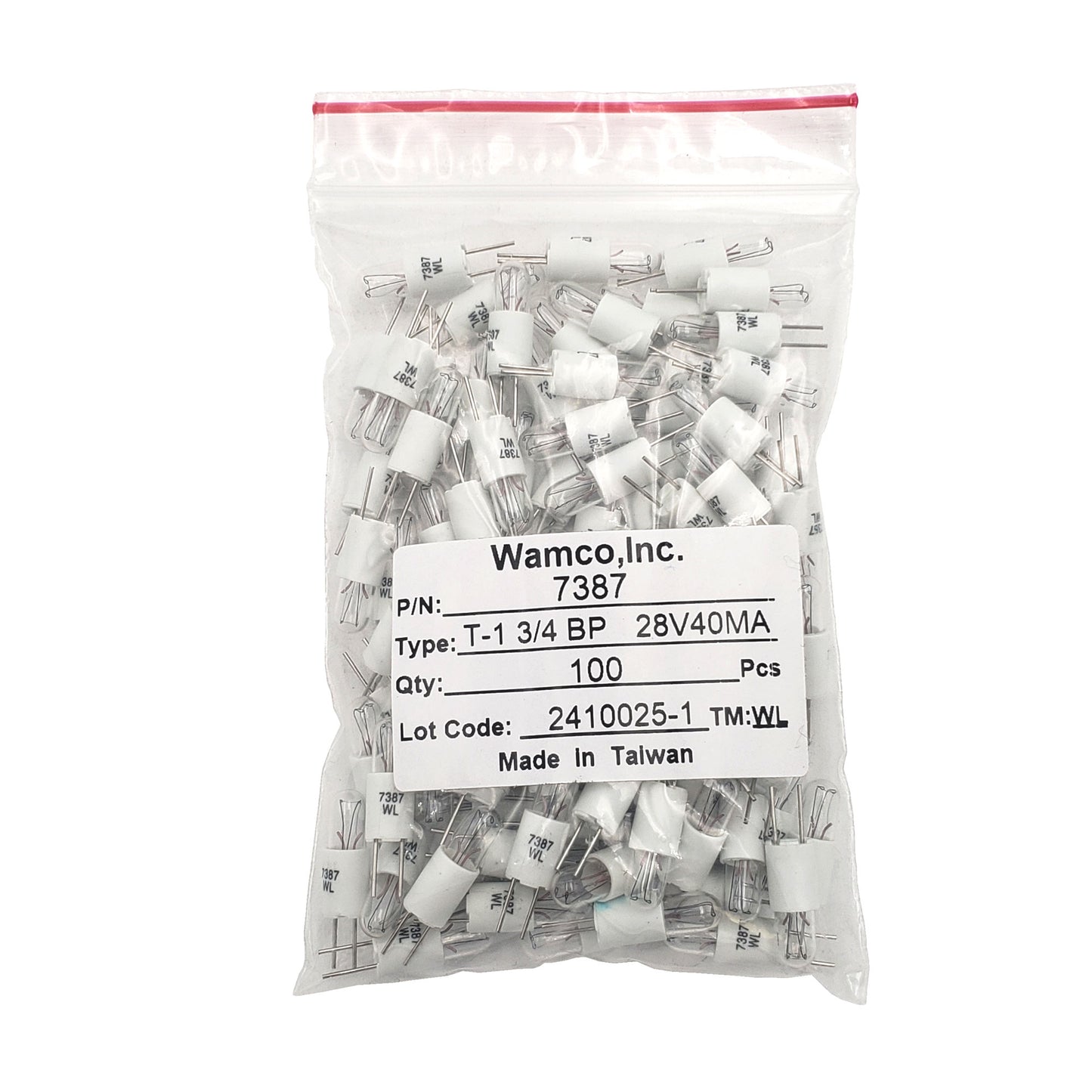 Bulk 100-pack Wamco WL-7387 T-1 3/4 BP lamps rated 28V 40mA