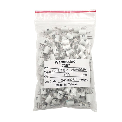 Bulk 100-pack Wamco WL-7387 T-1 3/4 BP lamps rated 28V 40mA