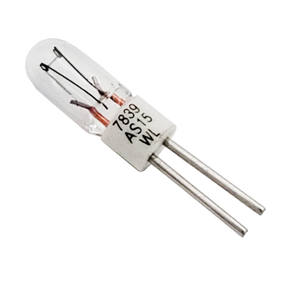 Wamco WL-7839AS15 subminiature aircraft lamp with clear T-1 glass bulb and bi-pin base