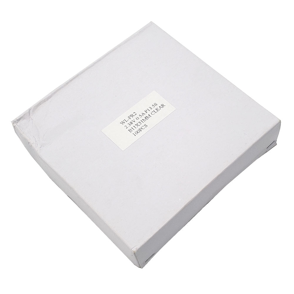 Bulk box of 100 Wamco WL-PR2 flashlight bulbs, 2.38V 0.5A, P13.5S base