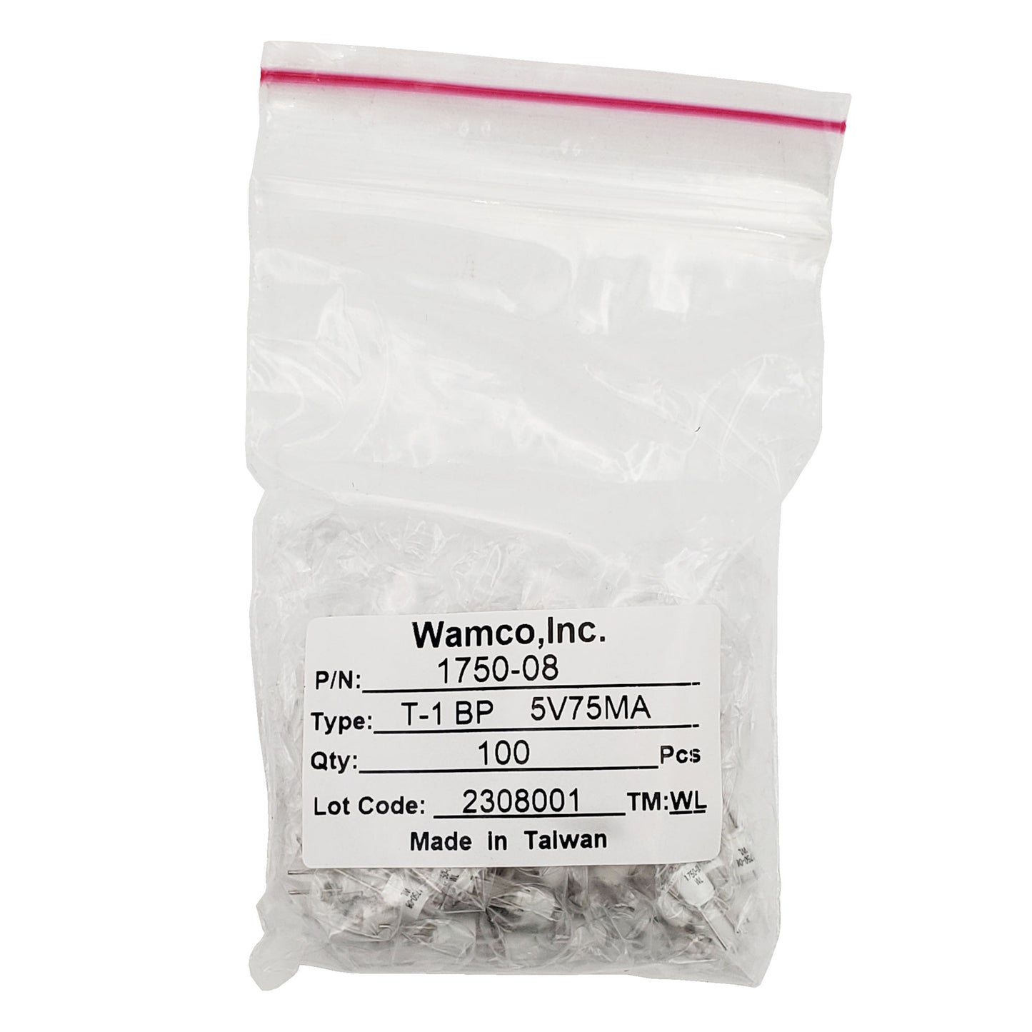 Bulk bag of Wamco 1750-08 aircraft lamps labeled 5V 75mA with quantity 100 pieces