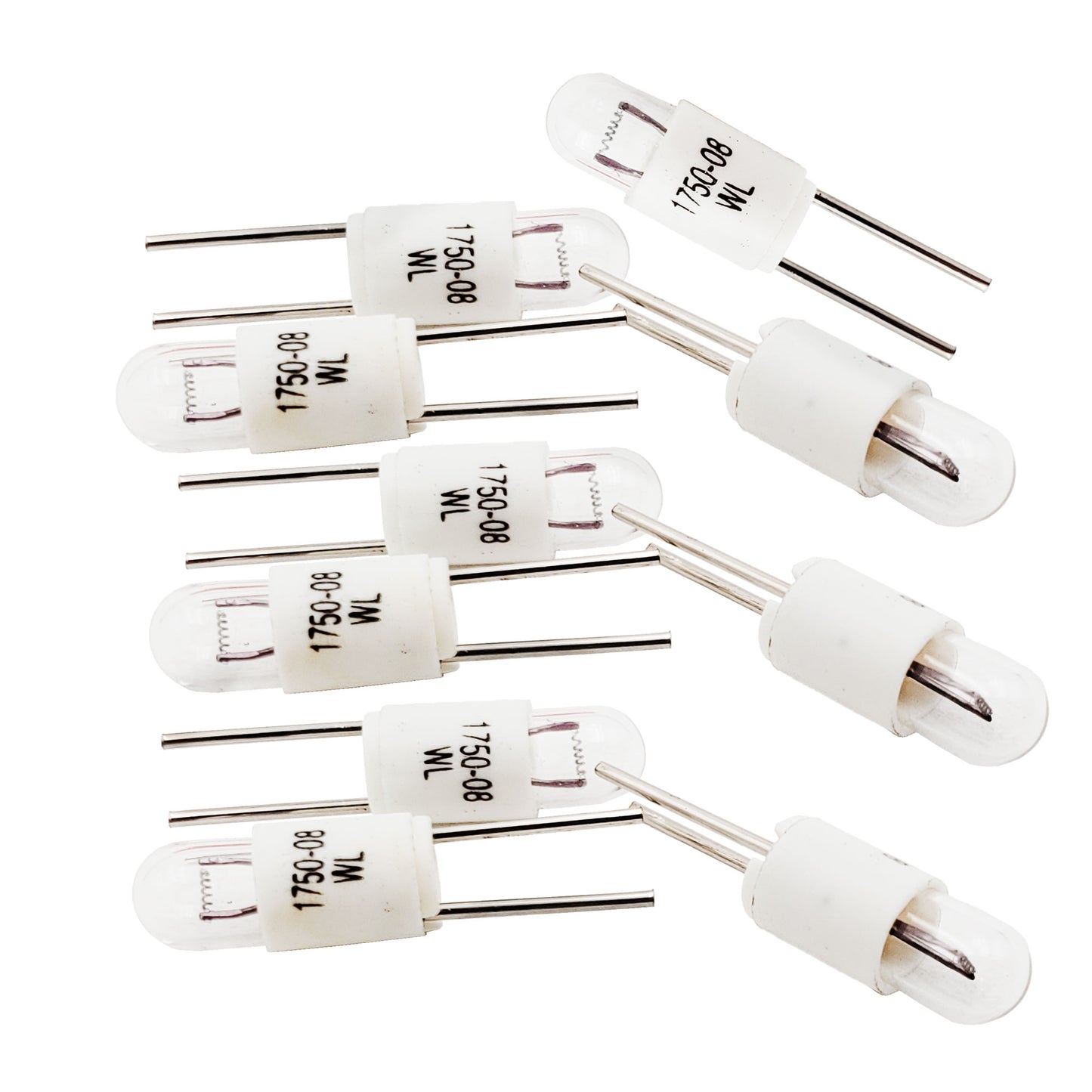 Group of ten Wamco 1750-08 subminiature aircraft lamps showing clear bulbs and bi-pin bases